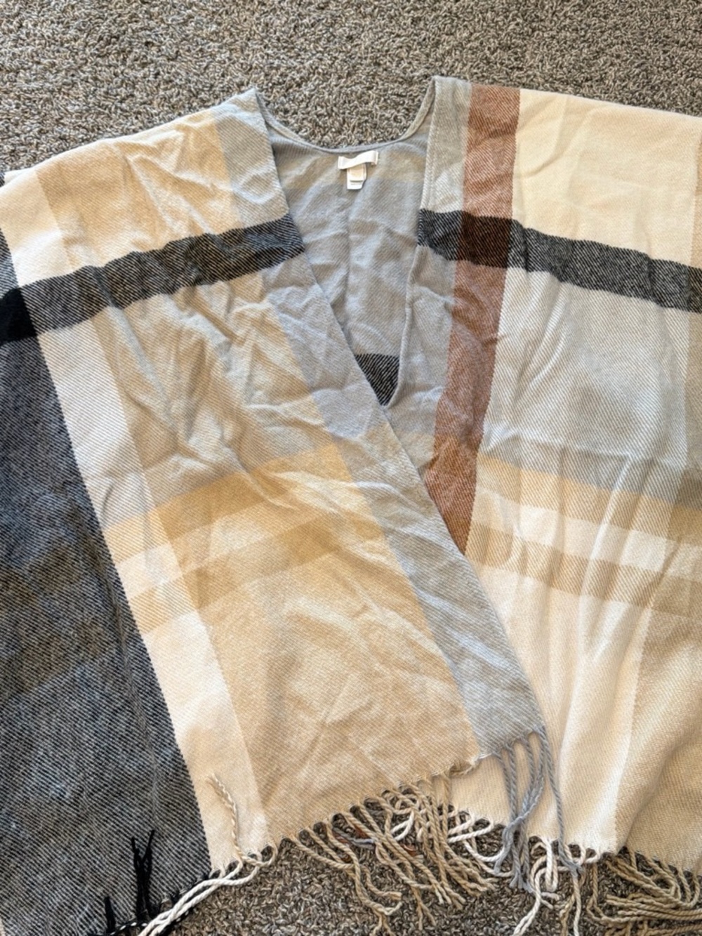 Charming Charlie Neutral Plaid Poncho with Fringe